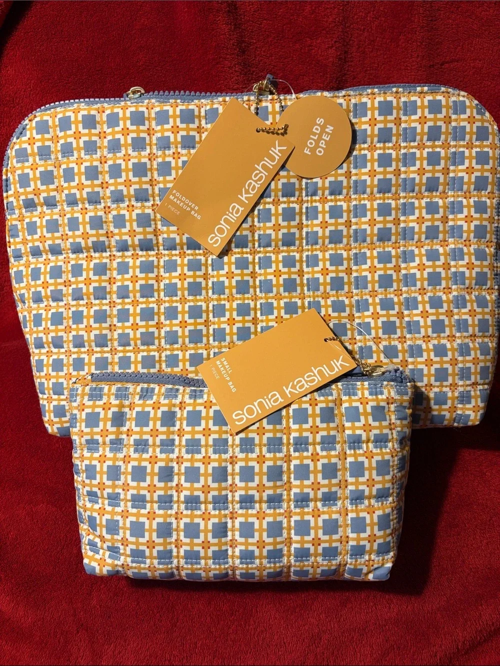 Sonia Kashuk Quilted Blue and Yellow Plaid Cosmetic Bag Duo